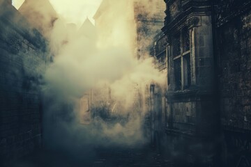 Poster - A dark and mysterious alley with thick smoke billowing out from unknown sources