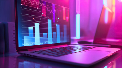 Wall Mural - laptop notebook computer display screen with business graphs, charts and analytics. corporate workpl