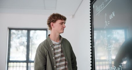 Fototapete - Board, man and problem solving for physics in university and studying hard math. Student, learning and equation in college for lesson, thinking and fail challenge with difficult formula for science
