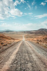 Poster - A single lane dirt road stretching across the desert landscape, suitable for use in travel or adventure themed projects