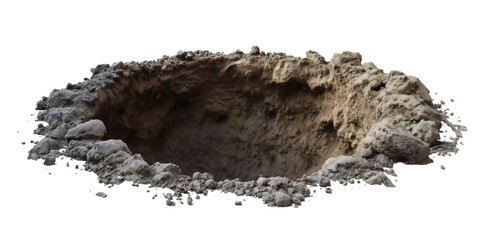 Hole in ground isolated. Deep earth nature land surface texture, dig, pit, burrow, soil