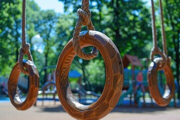 Canvas Print - A group of wooden rings suspended from a rope, often used as decoration or for climbing