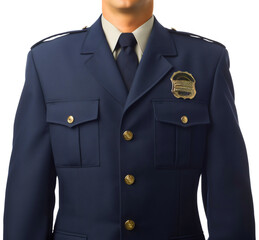 Policeman in blue uniform waist up torso shot isolated. Male police officer or cop occupation job or profession, law and justice protection and safety guard, badge, duty, service, professional, worker