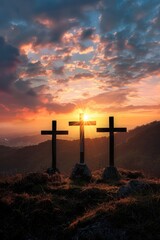 Poster - Three crosses sit atop a hill as the sun sets, with a calm and peaceful atmosphere