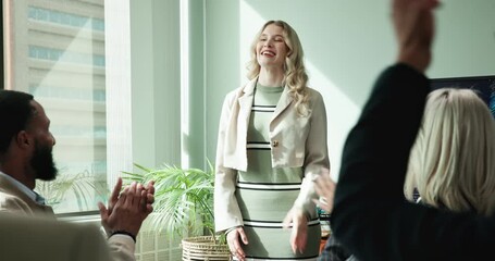 Poster - Woman, presentation and meeting for team applause in office, support and celebration of ideas. Female person, boardroom clapping and innovation success in education, algorithm science and motivation