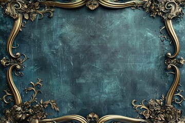 Poster - A decorative gold frame adorned with flowers and leaves against a blue background, suitable for framing artwork or photographs