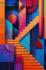 Poster - A vibrant abstract artwork featuring a staircase motif with bold colors and textures