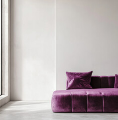 Wall Mural - Interior with white walls, a piece of a purple sofa visible from the side, and a blank wall as the background