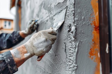 Poster - A person applying cement to a wall for renovation or construction purposes, with possible uses in architecture and building design