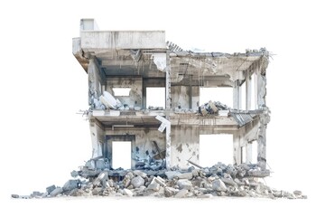 Poster - A damaged building with debris and rubble piled high on the rooftop