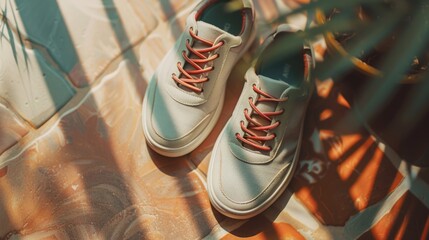 Poster - A pair of white shoes sitting on a tiled floor, perfect for use in still life or product photography