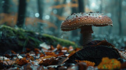 Aufkleber - A single mushroom sits atop a heap of fallen leaves