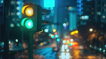 Aufkleber - A traffic light on a city street at night, suitable for use in urban scenes and nighttime photography