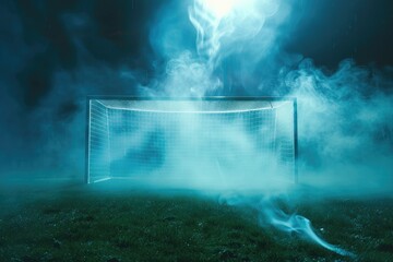 Poster - A soccer goal sits alone in the misty grass, ready for a game to begin