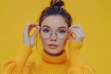 Wall Mural - A woman wearing glasses and a yellow sweater in a casual setting