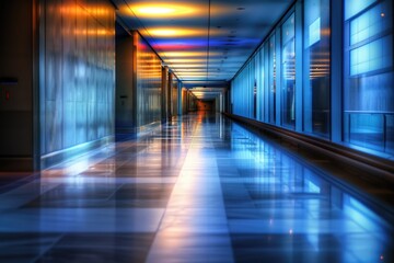 Poster - A long hallway with a clock on the wall, suitable for interior design or office space