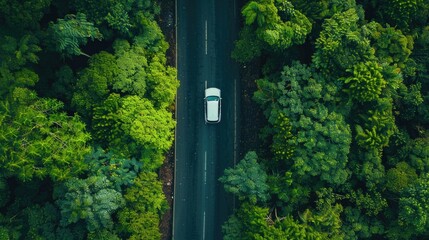 Aufkleber - A car travels along a winding road flanked by tall trees, with sunlight filtering through the foliage