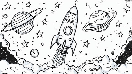 Rocket stars and planets in cosmos space universe galaxy coloring book page illustration outline black monochrome contour drawing. Astronomy science spaceship, children kids cosmic doodle art