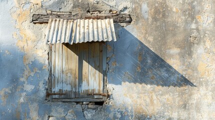 Ancient house with shadow of wooden window awning on old zinc and concrete wall