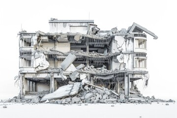 Poster - A building under demolition, rubble and debris scattered around