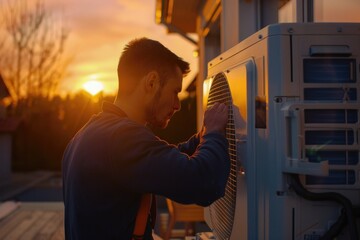 Poster - A person repairing an AC unit during the golden hour