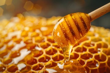 Honey dripping from a honey dipper onto honeycomb.