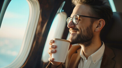 Happy smiling handsome young businessman sitting in plane seat near window, holding cup of coffee, looking outside. Travel and transportation comfortable passenger, first class luxury flight, wealth