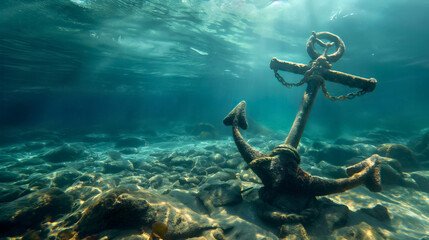 Anchor with rope underwater on deep sea or ocean water bottom. Marine aquatic nautical depth, boat, diving, sunlight