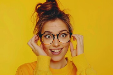 Poster - A woman wearing glasses and a yellow sweater, looking casual