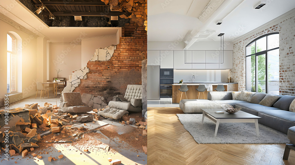 Room Fix Before and after, modern living room interior in home or house ...