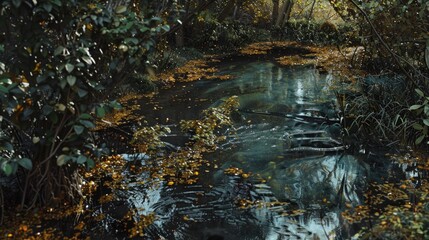 Poster - A serene and natural scene of a stream flowing through a lush green forest, perfect for outdoor or nature-inspired projects