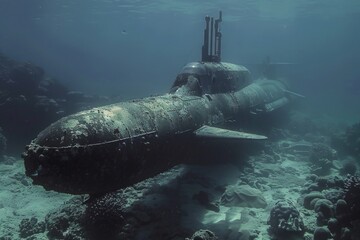 Aufkleber - A submarine in the water near a coral reef, suitable for use in travel or adventure articles