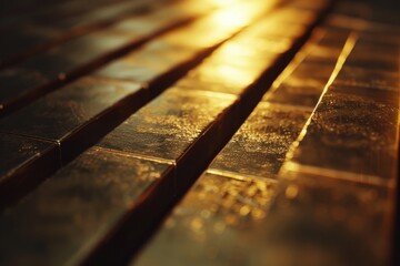 Wall Mural - A wooden bench with warm sunlight reflecting off its surface