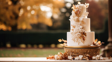 Wall Mural - Wedding cake design, autumnal dessert styling and holiday decoration, multi-tier cake for an autumn event venue, food catering service and elegant country decor, cottage style inspiration