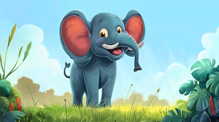 Wall Mural - Happy smiling blue or gray elephant animal with big ears and tusks cartoon illustration. Child kid baby greeting card, birthday celebration print, adorable African safari wildlife poster, zoo, nature