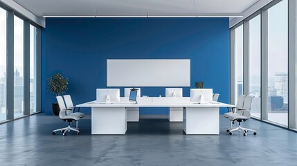 Poster - Modern Office Interior with City View and Empty Whiteboard