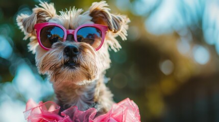 Aufkleber - A small dog wearing pink sunglasses and a pink dress, great for fashion or lifestyle uses
