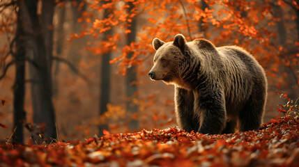 bear in autumn fall forest with orange tree leaves. big brown predator with fur in woodland wildlife