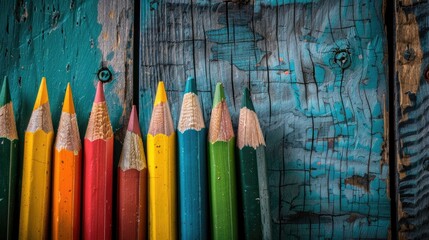 Poster - Colored pencils against vintage wood background