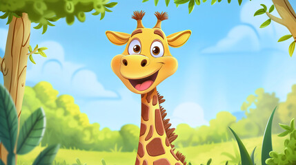 Wall Mural - Happy smiling giraffe animal with long neck cartoon illustration. Child kid baby greeting card, birthday celebration print, adorable African safari wildlife poster, zoo, nature