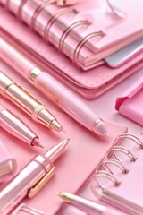 Poster - A collection of pink pens and notebooks arranged neatly on a table