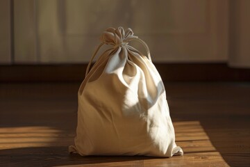 Poster - A white bag sits alone on a wooden floor, possibly waiting for its owner's return