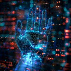 Poster - futuristic digital hand interface with abstract technology background, blue and orange lights. conce