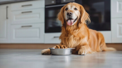 Happy golden retriever dog sitting near silver bowl with meat food on floor indoor for domestic pet, copy space. Healthy nutrition diet at home, feed hungry animal, tasty protein meal