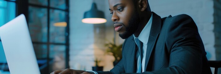 Poster - black businessman working on laptop computer in side view focusing on task