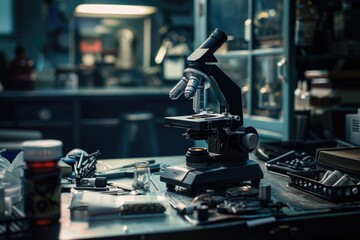 Poster - A microscope placed on a wooden table, perfect for laboratory or office settings
