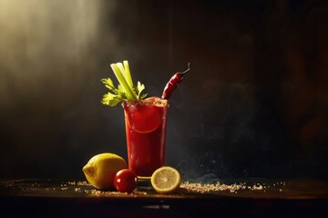 Poster - A glass of bloody drink decorated with multiple garnishes