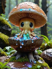 Sticker - Cute Mushroom Creature with Rain Drops.