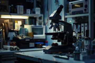 Aufkleber - A microscope sitting on a table in a room, ideal for use in scientific or educational settings