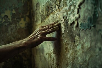 Poster - A person reaching out to touch a wall, possibly seeking support or comfort